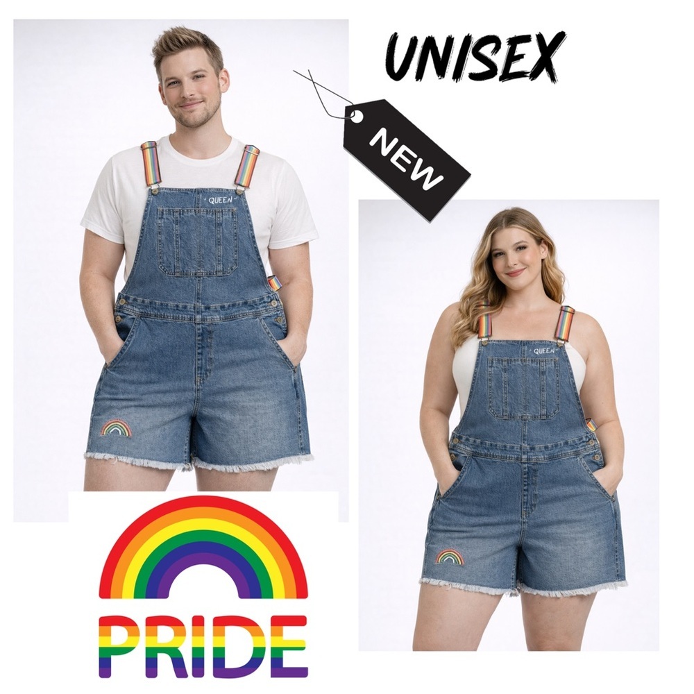 NWT Pride adult rainbow shorttails bibs light wash unisex sz Sm/M /XXL